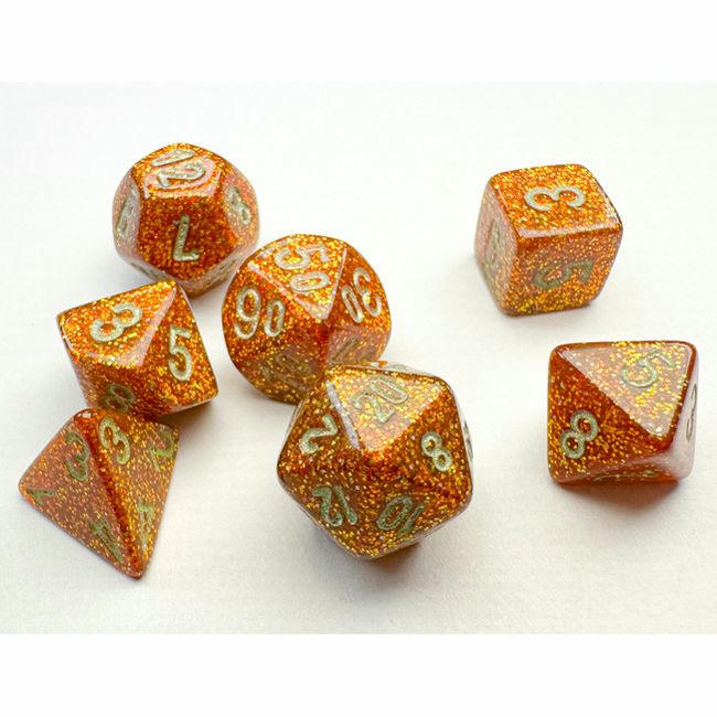 Image of Chessex Mini Gold Glitter Polyhedral Dice Set D20/12/10/%/8/6x2/4