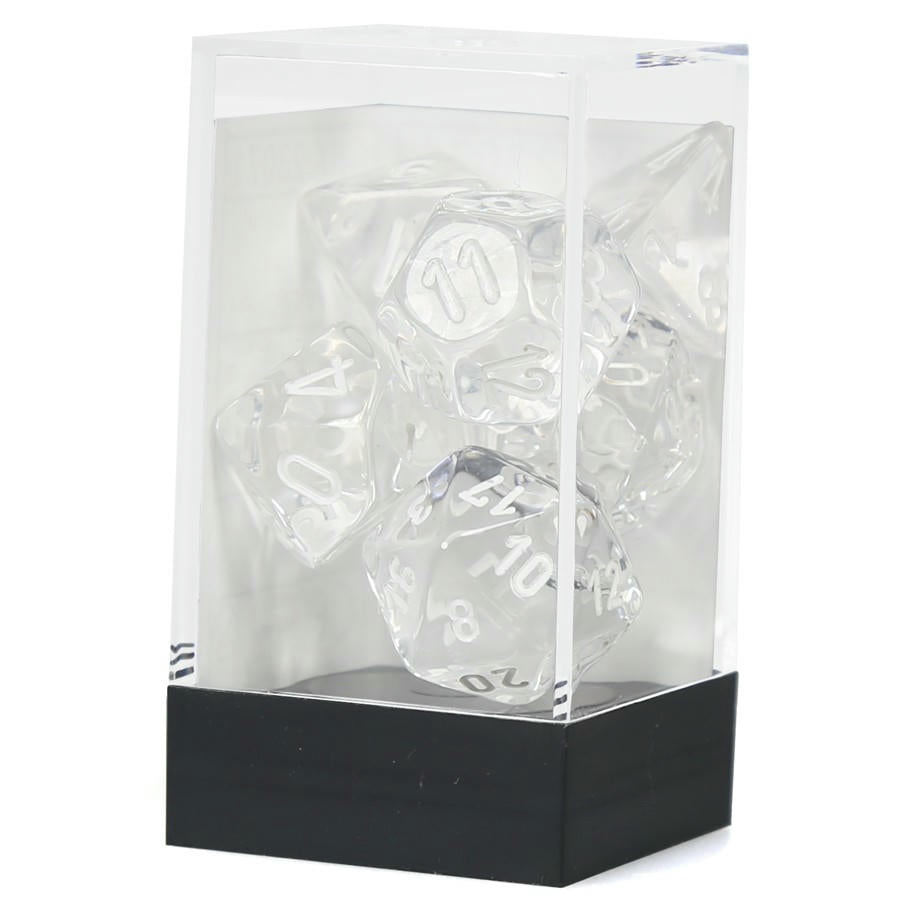Image of Chessex Translucent Clear Dice w/White Markings 7-Dice Set (D20/12/10/%/8/6/4)