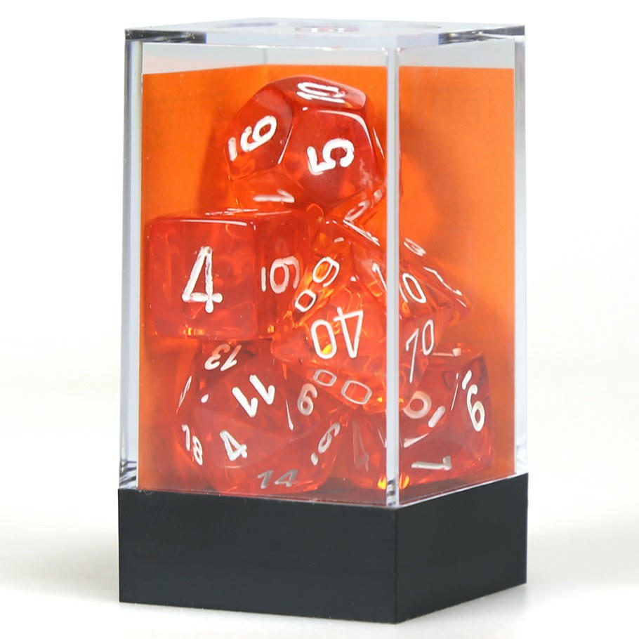 Image of Chessex Translucent Orange Dice w/White Markings 7-Dice Set (D20/12/10/%/8/6/4)