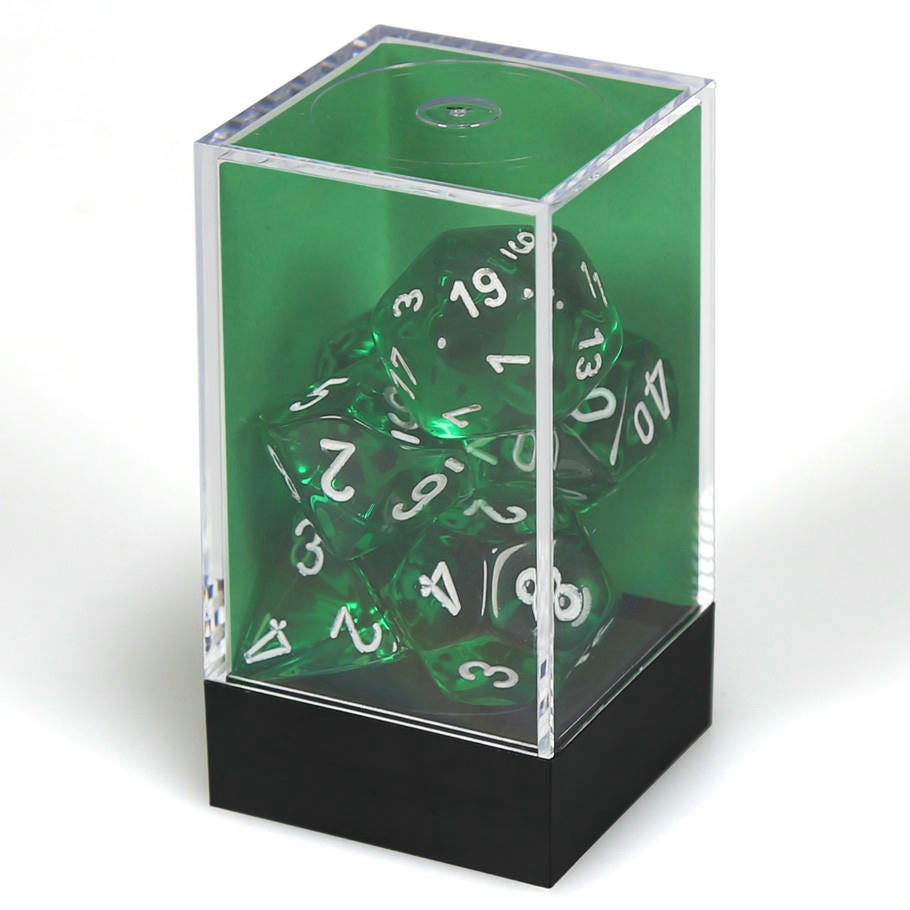 Image of Chessex Translucent Green Dice w/White Markings 7-Dice Set (D20/12/10/%/8/6/4)