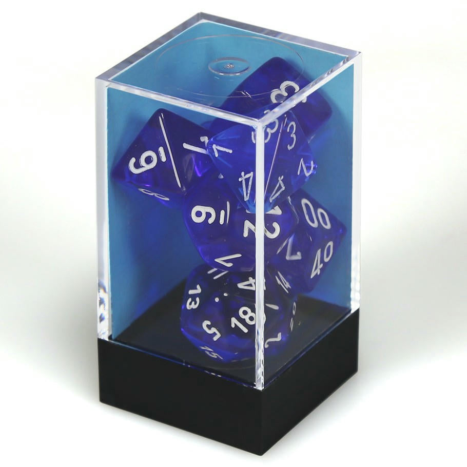 Image of Chessex Translucent Blue Dice w/White Markings 7-Dice Set (D20/12/10/%/8/6/4)