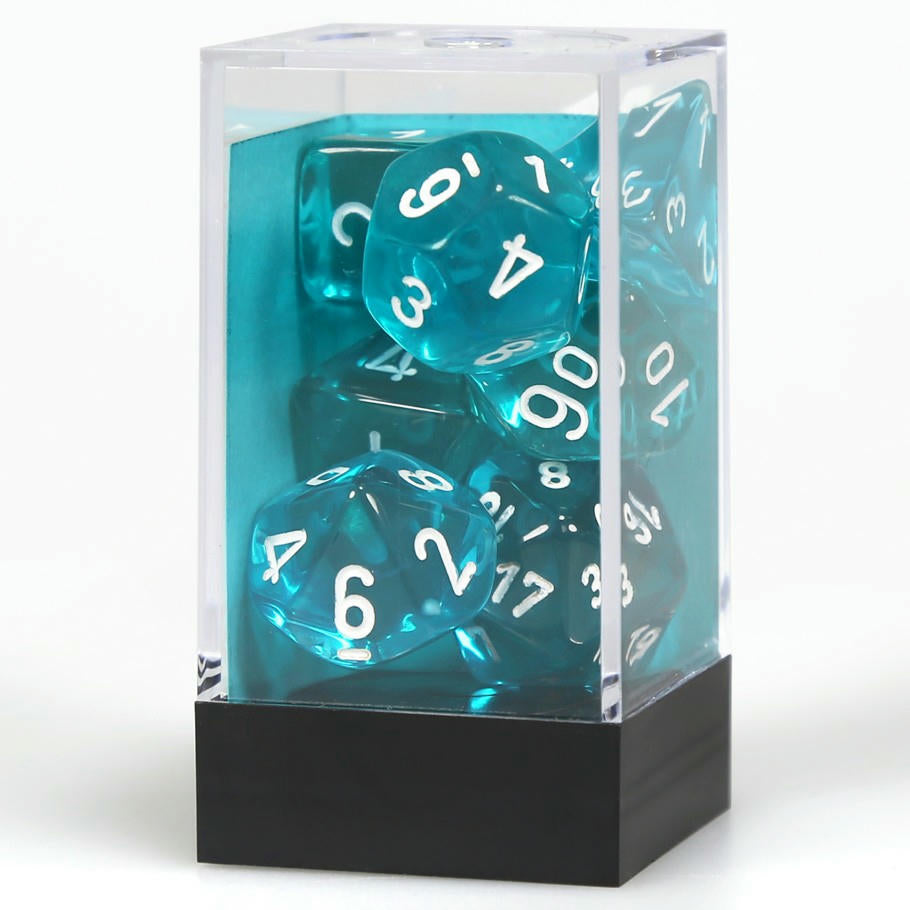 Image of Chessex Translucent Teal Dice w/White Markings 7-Dice Set (D20/12/10/%/8/6/4)