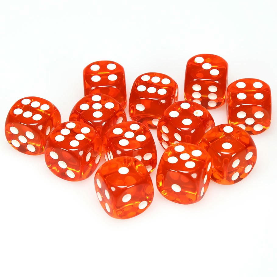 Image of Chessex Translucent Orange d6 Dice w/White Markings 12-Dice Set (16mm) CHX23603