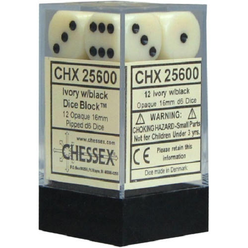 Image of Chessex Opaque 16mm d6 Ivory/Black Dice Block Set (12 Dice) CHX25600