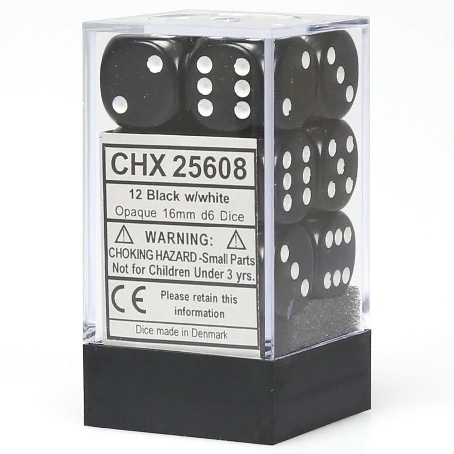Image of Chessex Opaque Black/White 16mm d6 (12) Dice Set CHX25608