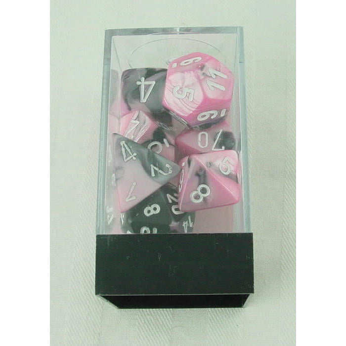 Image of Chessex Gemini Black-Pink Dice w/white Markings 7-Dice Set D20/12/10/%/8/6/4