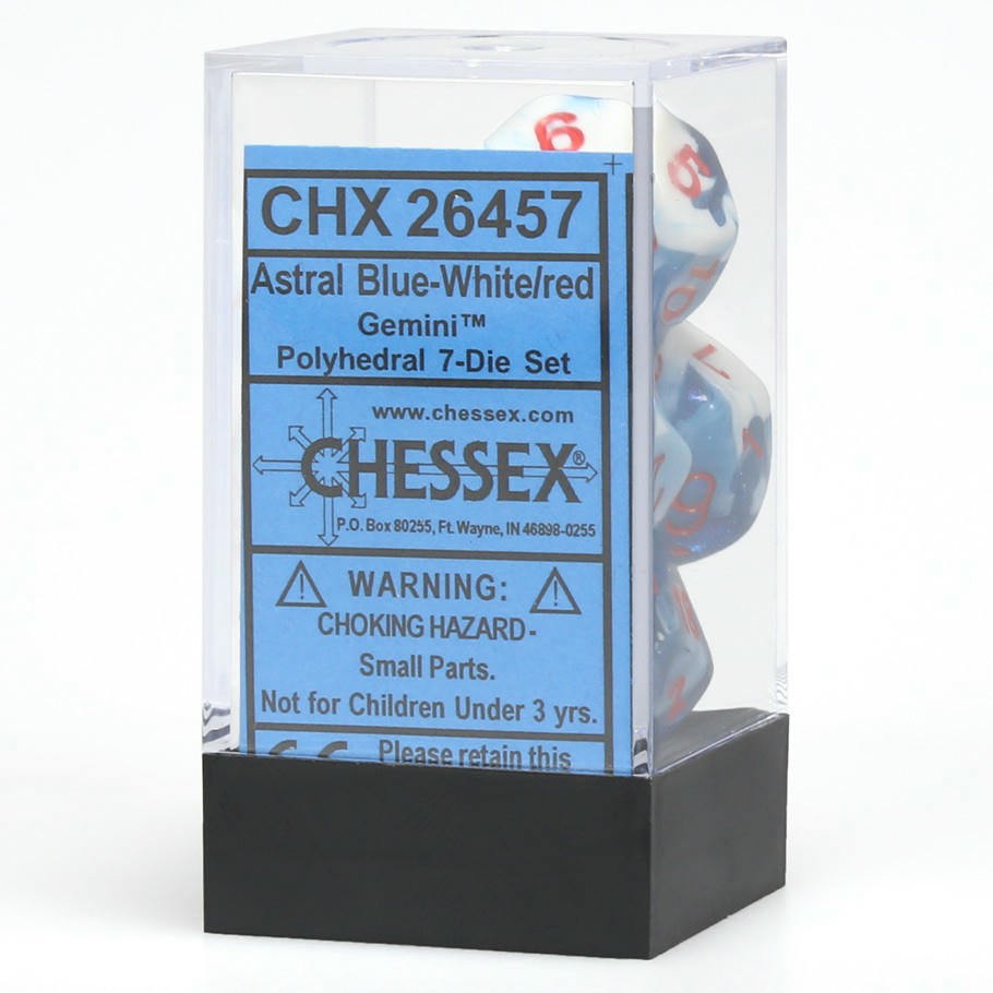 Image of Chessex Gemini Astral Blue/White w/Red Markings 7-Dice Set D20/12/10/%/8/6/4