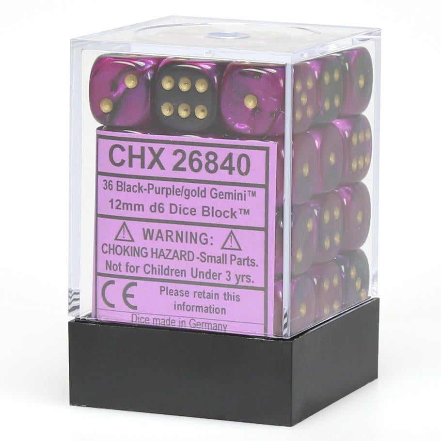 Image of Chessex Gemini 3: 12mm D6 Black/Purple w/Gold (36) Dice Block CHX26840