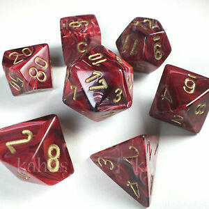 Image of Chessex Vortex Burgandy Dice w/Gold Markings 7-Dice Set (D20/12/10/%/8/6/4)