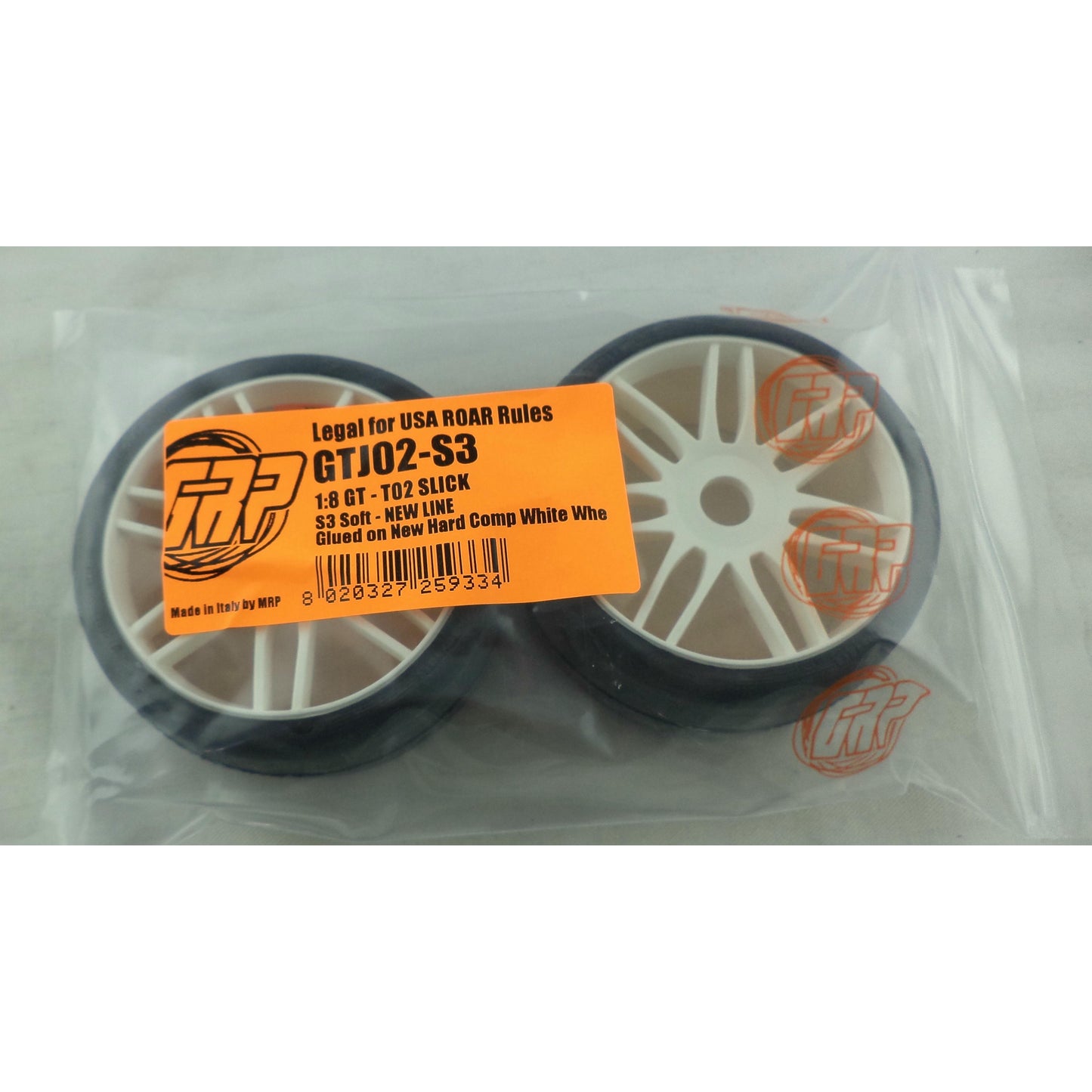 Image of GRP 1/8th GT S3 Compound Soft T02 Slick Tires/White Hard Wheels GTJ02-S3