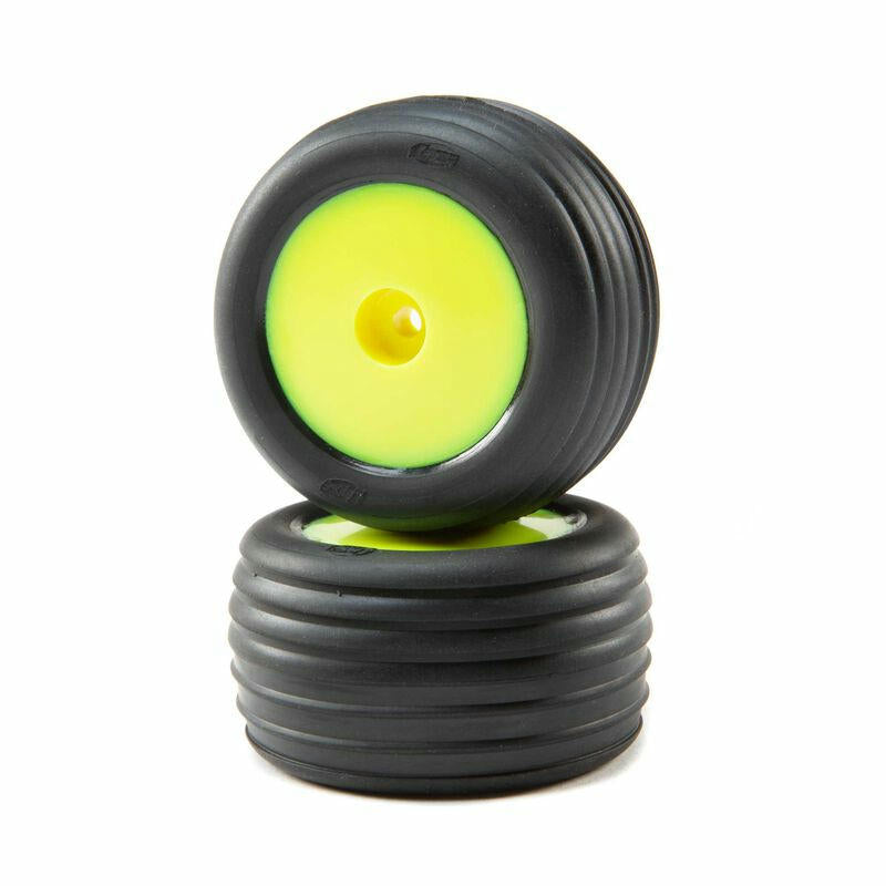 Image of Team Losi Mini-T 2.0 Directional Ribbed Front Tires w/Yellow Wheels LOS41010