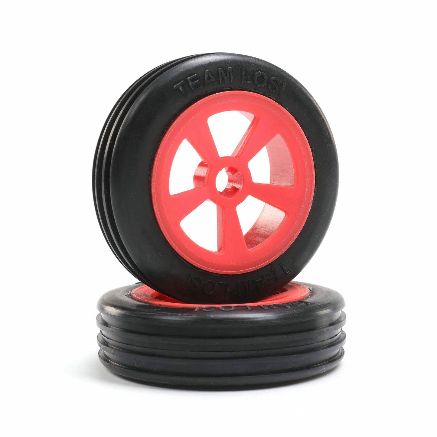 Image of Losi Mini JRX2 Buggy Front Rib Tires Mounted on Red Wheels LOS41020