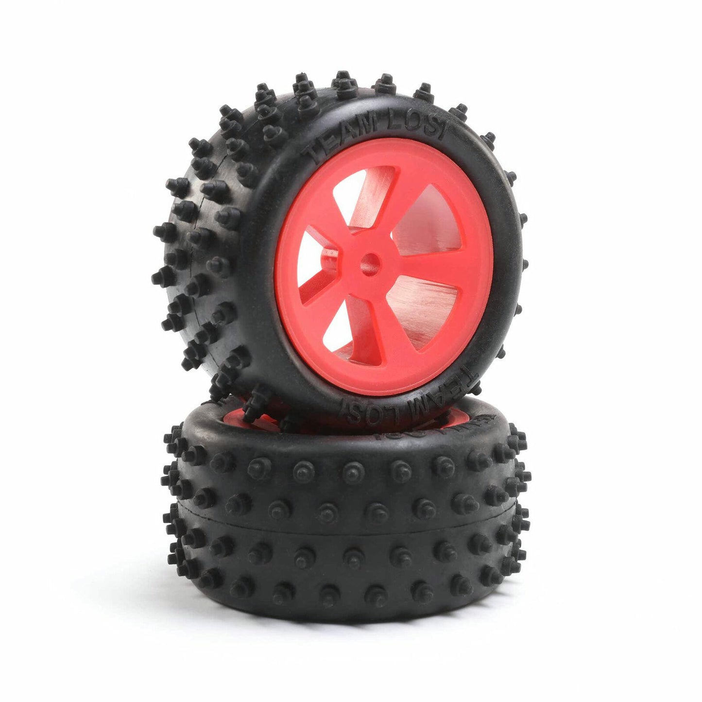 Image of Losi Mini JRX2 Buggy 4-Row Rear Tires Mounted on Red Wheels LOS41023