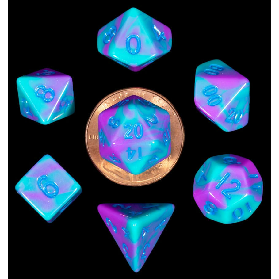 Image of Mini Ethereal Purple/Teal Polyhedral Dice w/Blue Markings 7-Dice Set MET4172