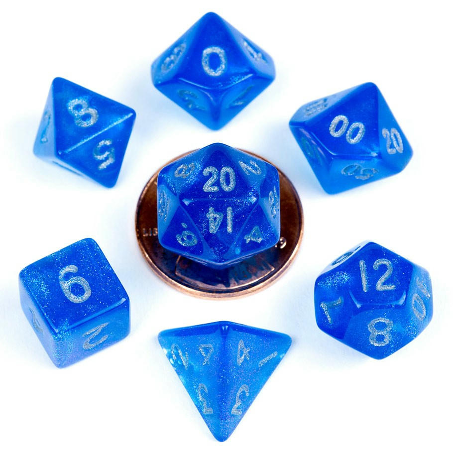 Image of Mini Stardust Blue Polyhedral Dice w/Gold Markings 7-Dice Set MET4181
