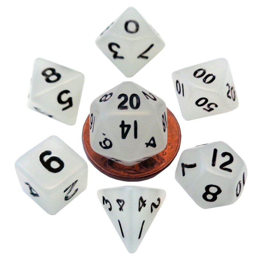 Image of Mini Glow Clear Polyhedral Dice w/Black Marks 7-Dice Set 20/12/10/%/8/6/4