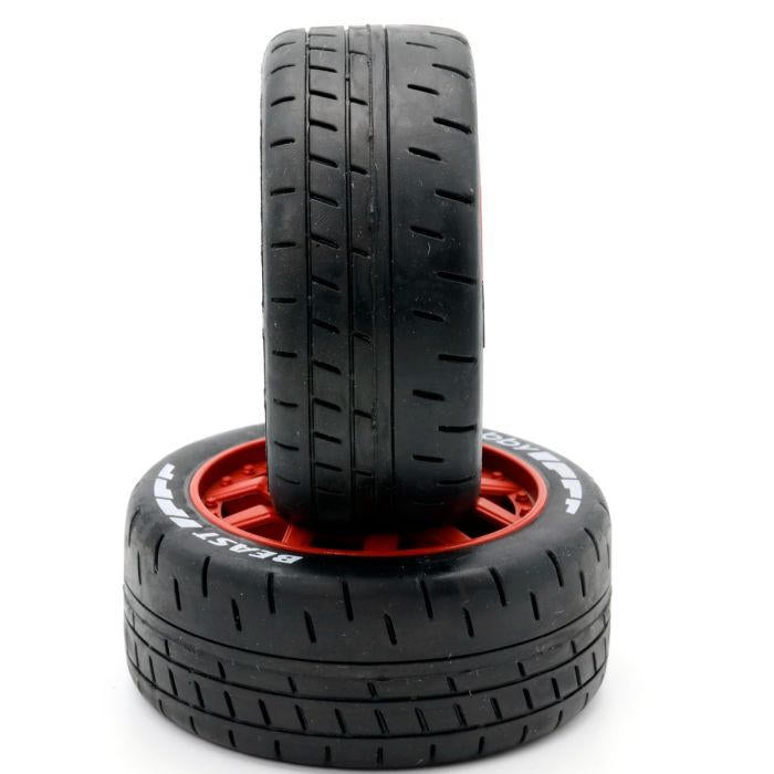 Image of 1/8 GT Beast Belted Mounted Tires 17mm Soft Red Wheels