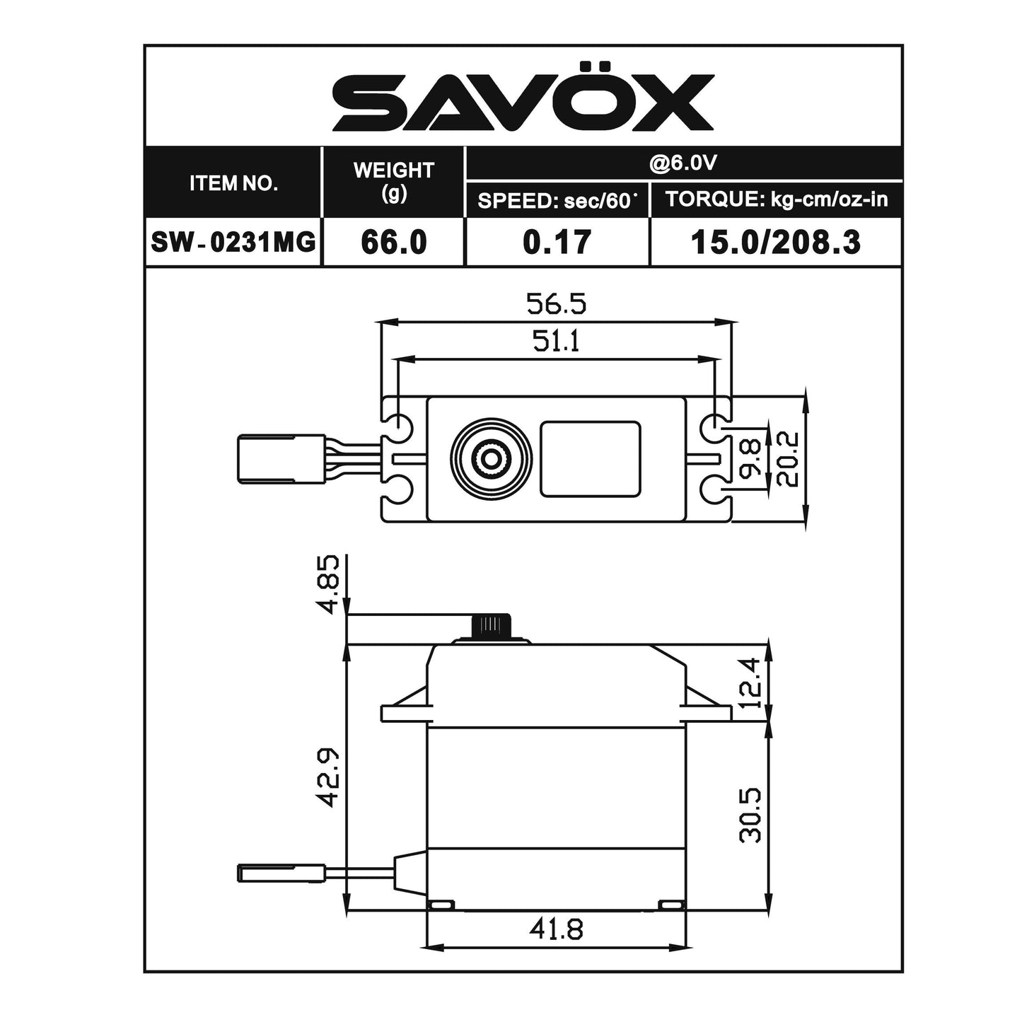 Image of Savox Waterproof .17/208oz-in High Torque Digital Servo SAVSW0231MGP SW-0231MGP