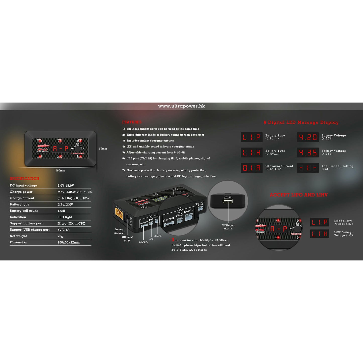 Image of Ultra-Power UP-S6 6-Port Single Cell (1S) DC Battery Charger UPTUPS6