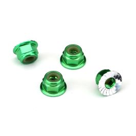 NUTS, 4MM FLANGED LOCKING SERRATED- ALUMINUM GREEN)