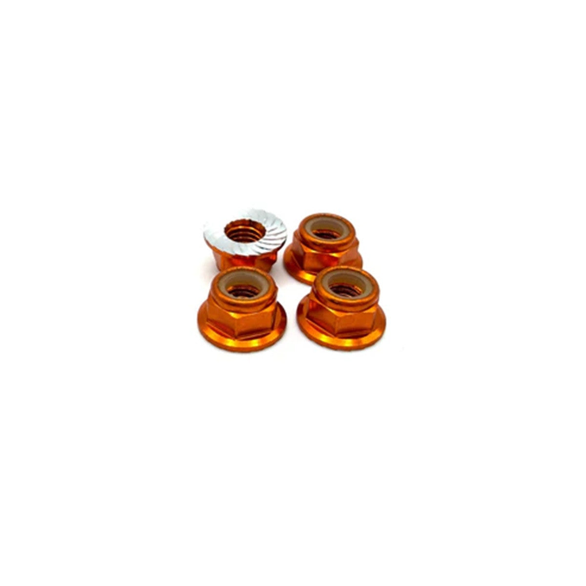 Image of 5mm Aluminum Flanged & Serrated Lock Nut 4pk, Orange