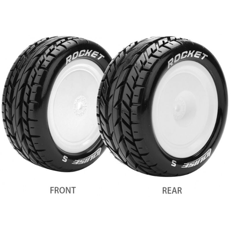 Image of E-Rocket 1/10 4WD Front Buggy Tire, Soft, Mounted on White