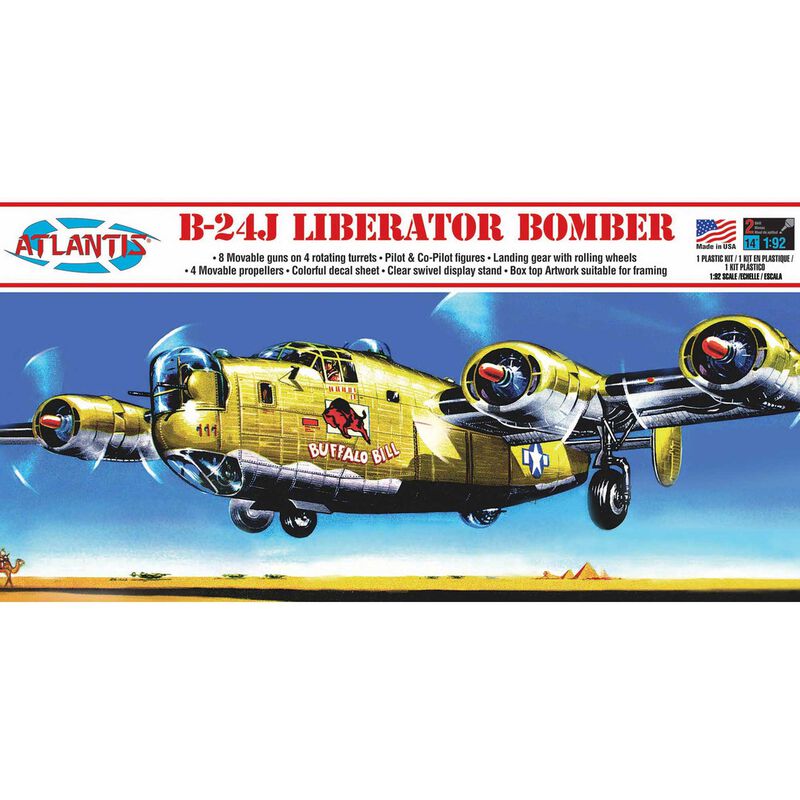 1/92 B-24J Bomber Buffalo Bill Plastic Model Airplane Kit with Swivel Stand, Skill Level 2