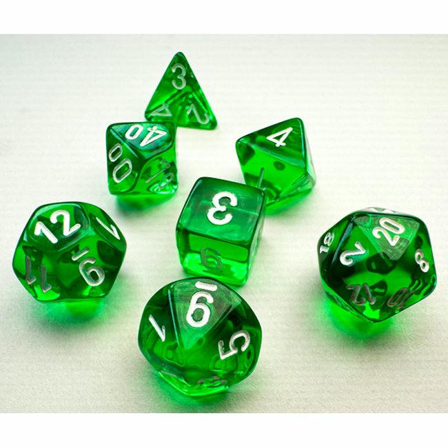 Image of Chessex Mini Translucent Green/White Polyhedral Dice Set (D20/12/10/%/8/6x2/4)