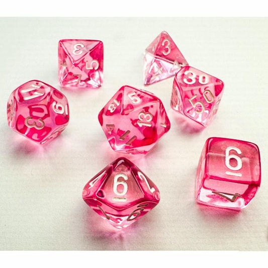 Image of Chessex Mini Translucent Pink/White Polyhedral Dice Set (D20/12/10/%/8/6x2/4)