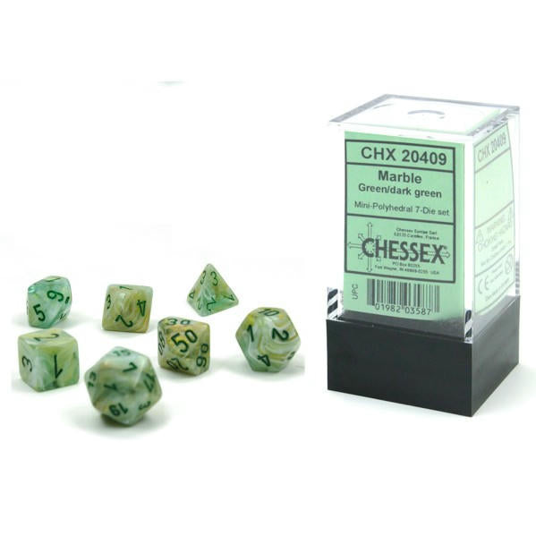 Image of Chessex Mini Marble Green/Dark Green Polyhedral Dice Set D20/12/10/%/8/6x2/4