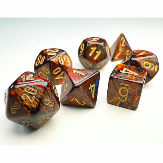 Image of Chessex Mini Scarab Blue Blood/Gold Polyhedral Dice Set D20/12/10/%/8/6x2/4