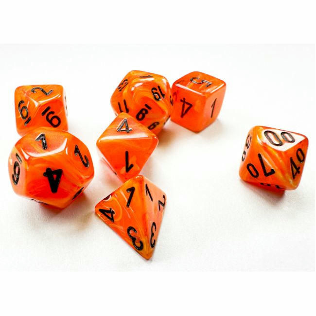 Image of Chessex Mini Vortex Orange/Black Polyhedral Dice Set D20/12/10/%/8/6x2/4