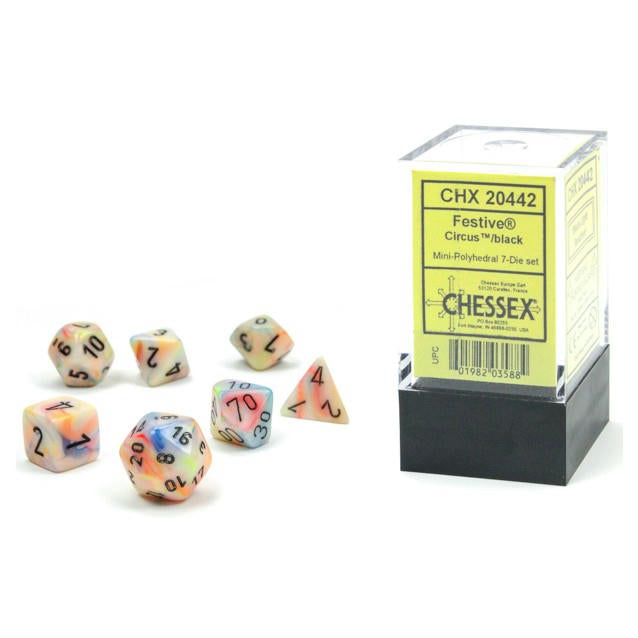 Image of Chessex Mini Festive Circus/Black Polyhedral Dice Set D20/12/10/%/8/6x2/4