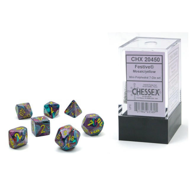 Image of Chessex Mini Festive Mosiac/Yellow Polyhedral Dice Set D20/12/10/%/8/6x2/4