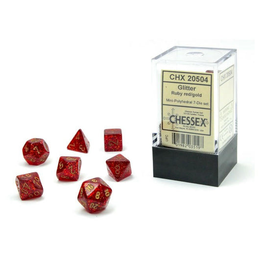 Image of Chessex Mini Glitter Red Ruby/Gold Polyhedral Dice Set D20/12/10/%/8/6x2/4
