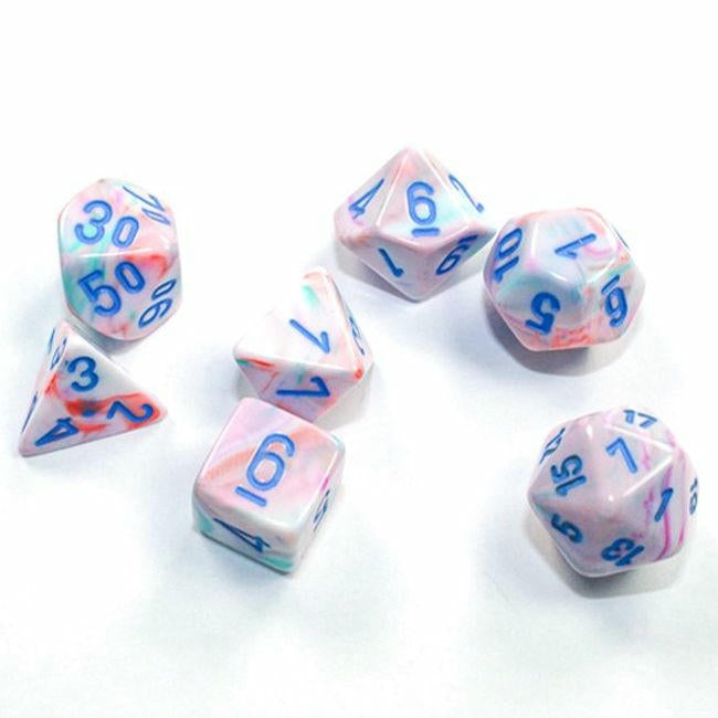 Image of Chessex Mini Festive Pop Art/Blue Polyhedral Dice Set D20/12/10/%/8/6x2/4