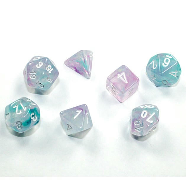 Image of Chessex Mini Nebula Wisteria/White Polyhedral Dice Set D20/12/10/%/8/6x2/4