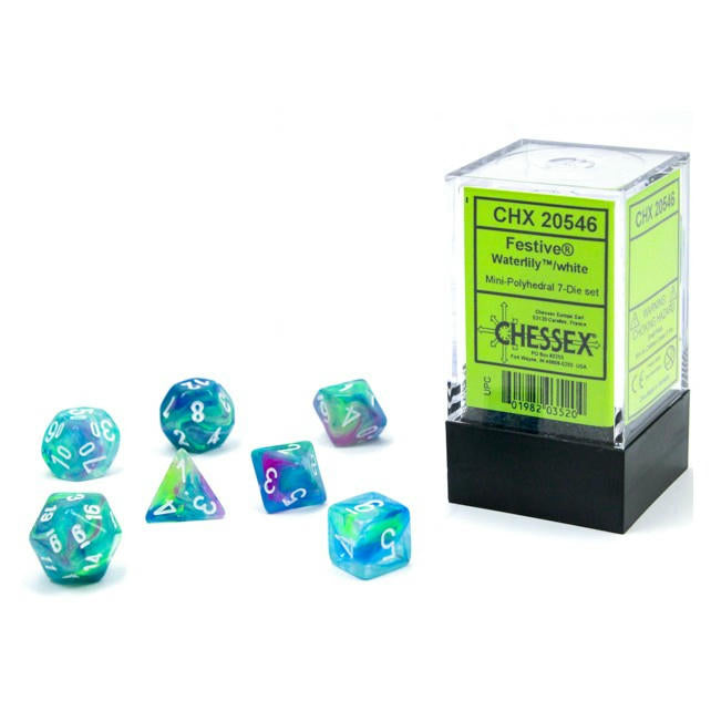 Image of Chessex Mini Festive Waterlily/White Polyhedral Dice Set D20/12/10/%/8/6x2/4