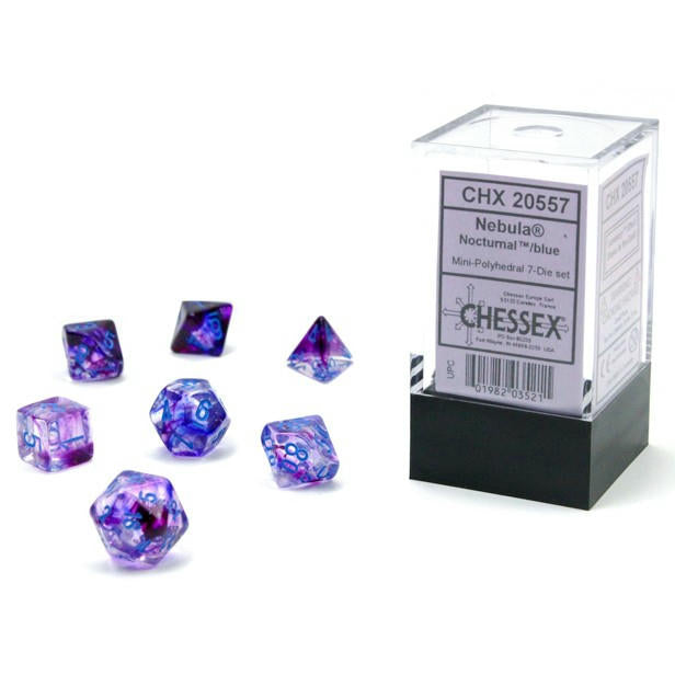 Image of Chessex Mini Nebula Nocturnal/Blue Polyhedral Dice Set D20/12/10/%/8/6x2/4