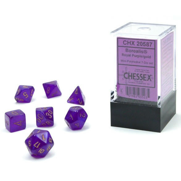 Image of Chessex Mini Borealis Royal Purple/Gold Polyhedral Dice Set D20/12/10/%/8/6x2/4