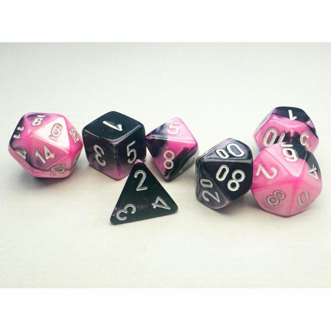 Image of Chessex MINI Gemini Black/Pink w/White Markings RPG 7-Dice Set D20/12/10/%/8/6/4