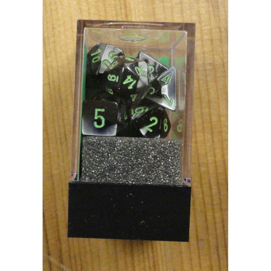 Image of Chessex Mini Gemini Black-Grey/Green Polyhedral Dice Set D20/12/10/%/8/6x2/4