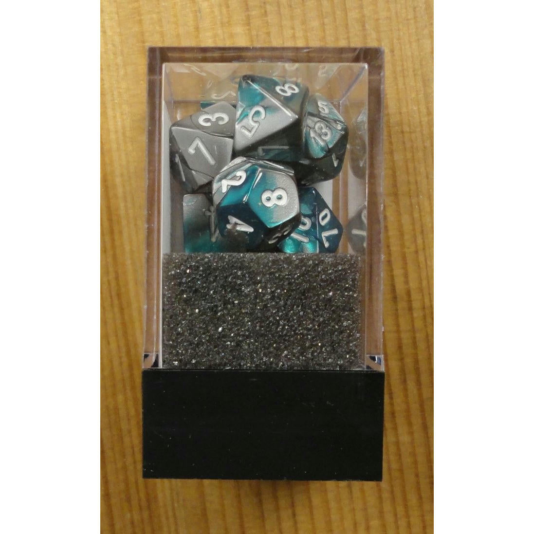 Image of Chessex Mini Gemini Steel-Teal/White Polyhedral Dice Set D20/12/10/%/8/6x2/4