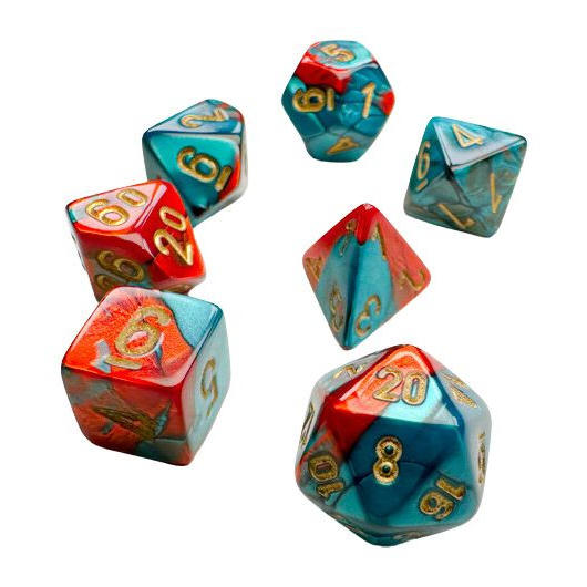 Chessex MINI Gemini Red/Teal w/Gold Markings RPG 7-Dice Set D20/12/10/%/8/6/4
