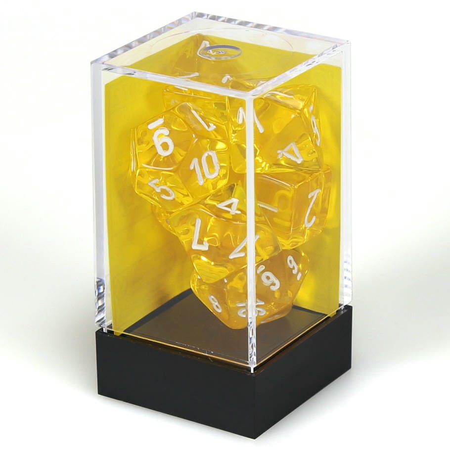 Image of Chessex Translucent Yellow Dice w/White Markings 7-Dice Set (D20/12/10/%/8/6/4) 