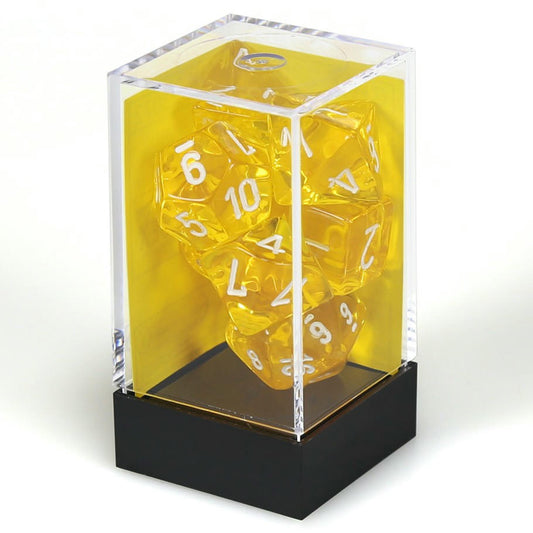 Image of Chessex Translucent Yellow Dice w/White Markings 7-Dice Set (D20/12/10/%/8/6/4) 
