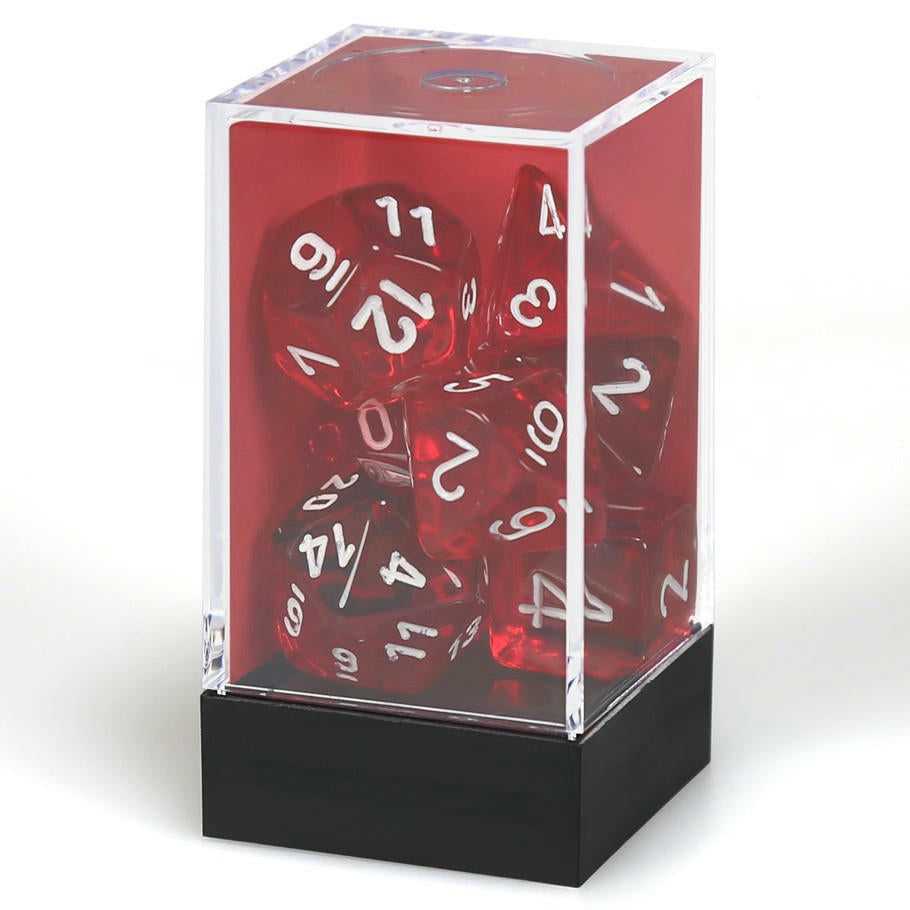 Image of Chessex Translucent Red Dice w/White Markings 7-Dice Set (D20/12/10/%/8/6/4) 