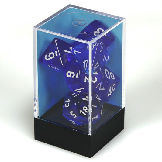 Image of Chessex Translucent Blue Dice w/White Markings 7-Dice Set (D20/12/10/%/8/6/4) 