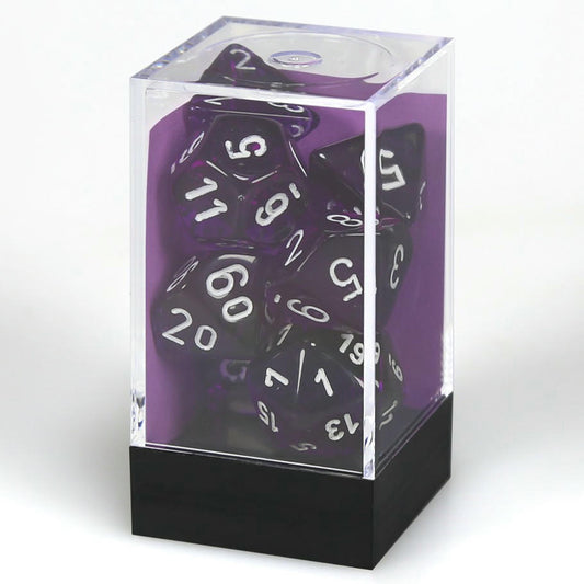 Image of Chessex Translucent Purple Dice w/White Markings 7-Dice Set (D20/12/10/%/8/6/4) 