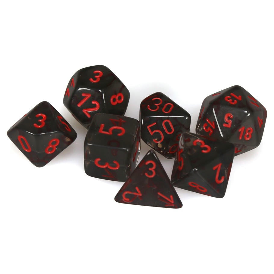 Image of Chessex Translucent Smoke Dice w/Red Markings 7-Dice Set (D20/12/10/%/8/6/4) 